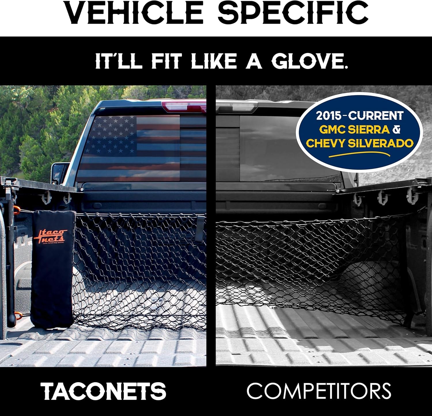 GMC Sierra & Chevy Silverado Envelope Style Truck Bed Cargo Net - Fits 2013-2024 - Upgraded 5Mm Bungee - Free Storage Bag - Heavy Duty Carabiners - Designed in USA - 18" X 50"