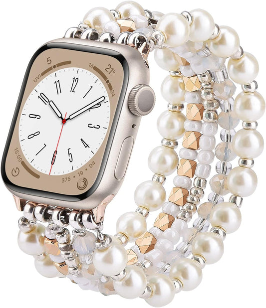 Beaded Bracelet Compatible for Apple Watch Band 40Mm/38Mm/41Mm Series 9 8 7 SE Series 6/5/4 Women Fashion Cute Handmade Pearl Stretchy Watch Strap for Iwatch Bands Series 3/2/1 Replacement