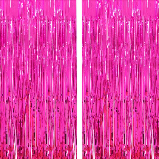 2 Pcs 3.2Ft X 8.2Ft Shiny Hot Pink Metallic Tinsel Foil Fringe Curtains Photo Booth Backdrop for Birthday Wedding Holiday Celebration Bachelorette Party Decorations (Hot Pink)