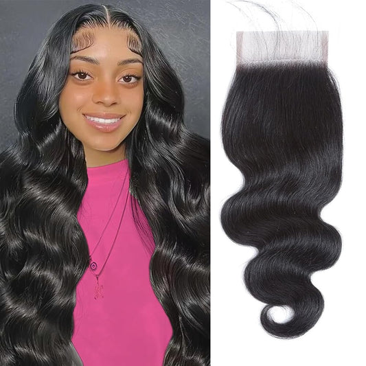 Body Wave Closure 4X4 Free Part Closure Brazilian Human Hair Closure Body Wave Lace Human Hair 100% Unprocessed Virgin Human Hair Weave Swiss Lace Closures with Baby Hair Natural Black(10Inch)
