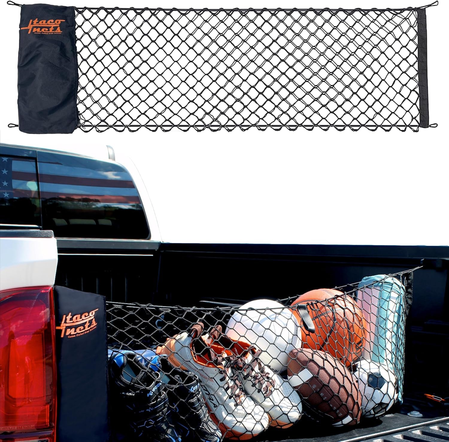 GMC Sierra & Chevy Silverado Envelope Style Truck Bed Cargo Net - Fits 2013-2024 - Upgraded 5Mm Bungee - Free Storage Bag - Heavy Duty Carabiners - Designed in USA - 18" X 50"