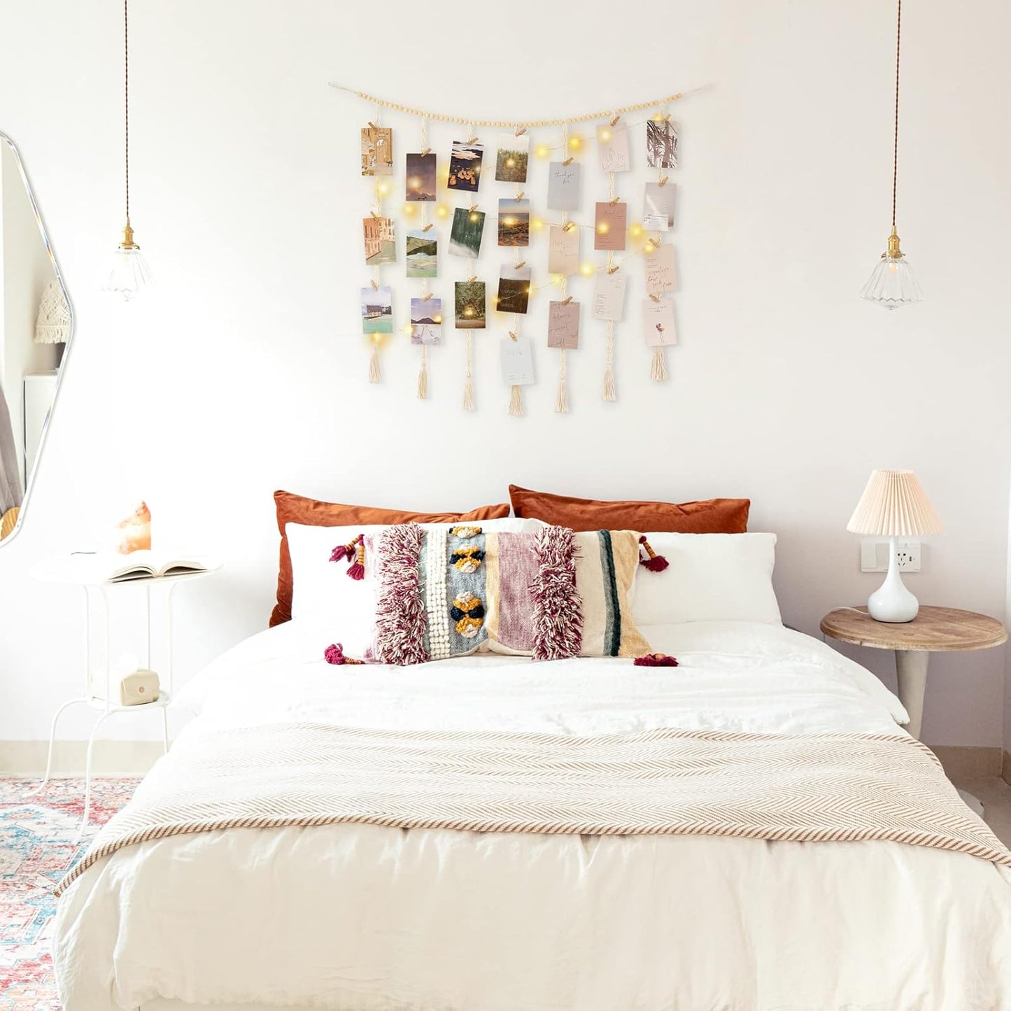 Macrame Hanging Photo Display Wall Decor with String Lights, Boho Wooden Beads Garland Collage Picture Card Frame Holder with 45 Clips for Bedroom Living Room Dorm, Teen Girls Christmas Gifts