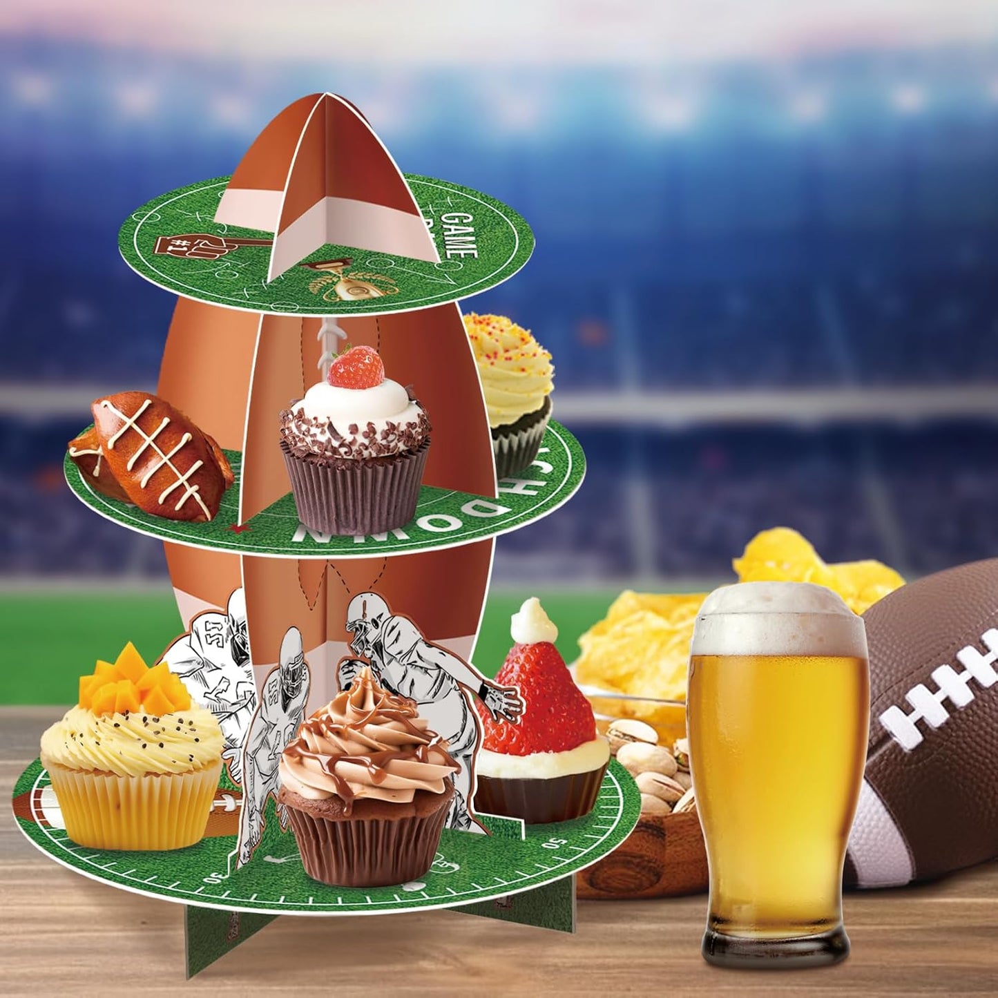 Football Cupcake Stand 3 Tier Dessert Tower Super Football Bowl Party Decoration Football Theme Party Cupcake Stand Party Cupcake Concession Stand Tower for Kids Football Sports Party Supplies Decor
