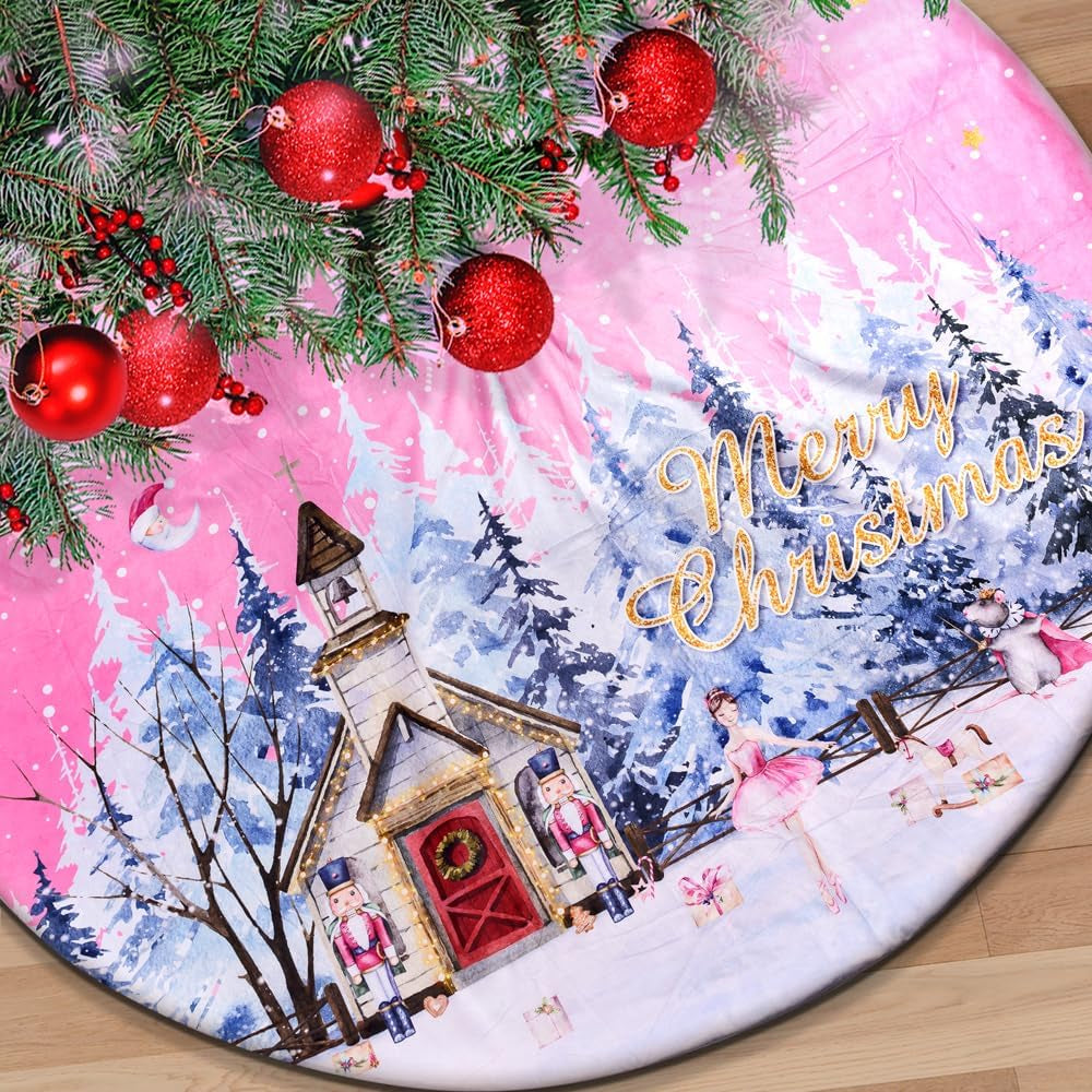 36 Inch Christmas Tree Skirt, Cute Pink Soft Dutch Velvet Xmas Tree Skirts with Winter Snow Snowflake Nutcracker for Winter Christmas Holiday Indoor Outdoor Decorations Decor (Pink, 36''/90Cm)