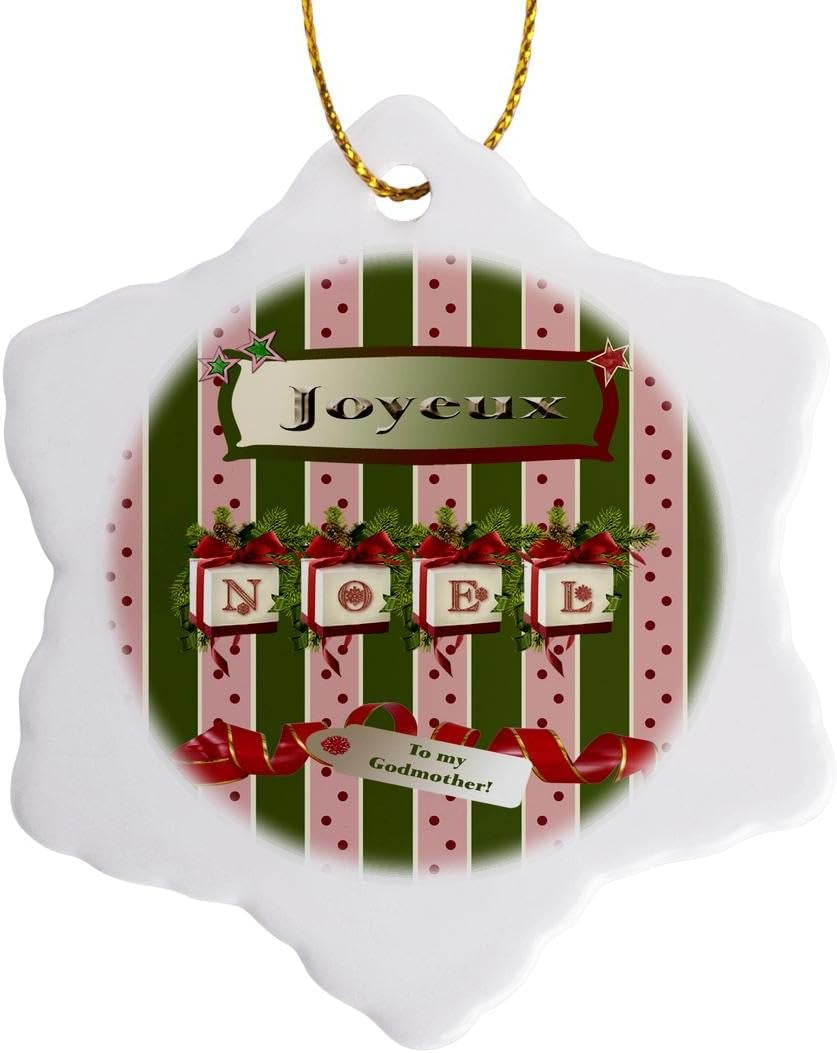 ORN_130906_1 Joyeux Noel with Red Bows and Pine Swag to My Godmother Snowflake Ornament, Porcelain, 3-Inch