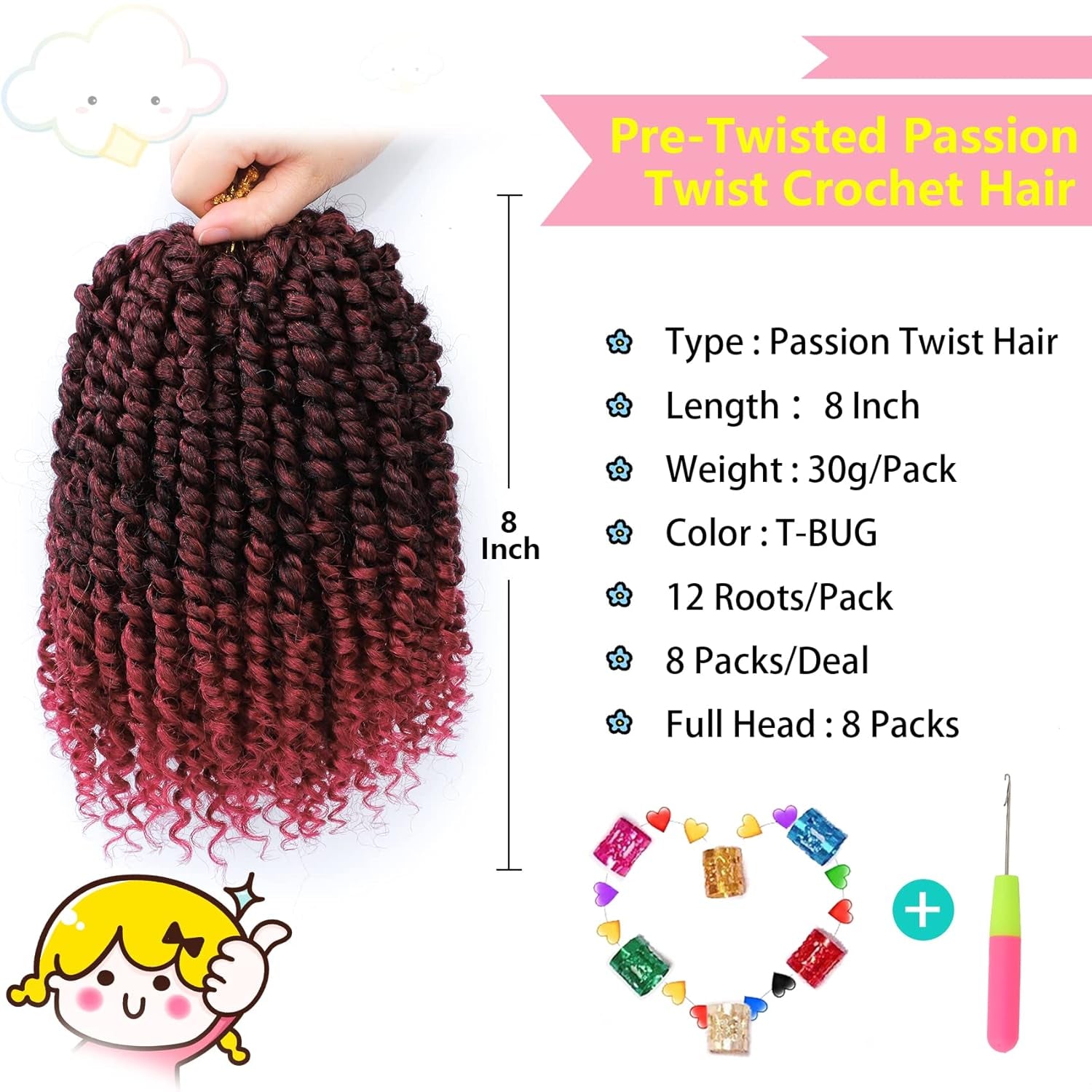 Passion Twist Hair 8 Inch, 8 Packs Passion Twist Crochet Hair for Black Women, Prelooped Crochet Twist Hair with Curly Ends (8Inch, TBUG#)