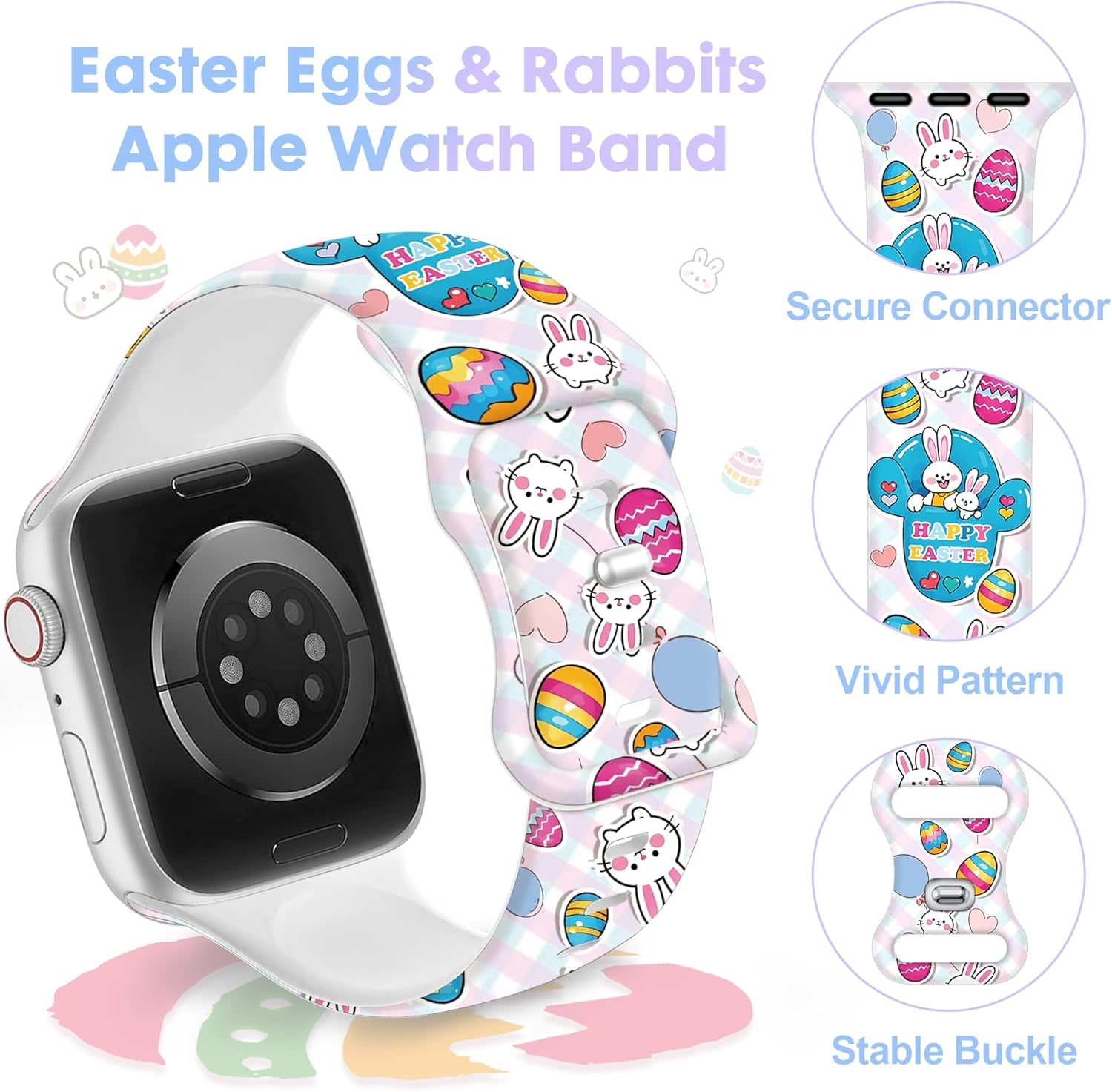 Easter Apple Watch Bands for Women Men 41Mm 42Mm 44Mm 45Mm 46Mm 49Mm 38Mm 40Mm,Soft Silicone Holiday Strap Easter Apple Watch Band for Apple Watch Series 10 9 SE 8 7 6 5 4 3 2 1 Ultra 2 1-Easter Rabbits & Eggs