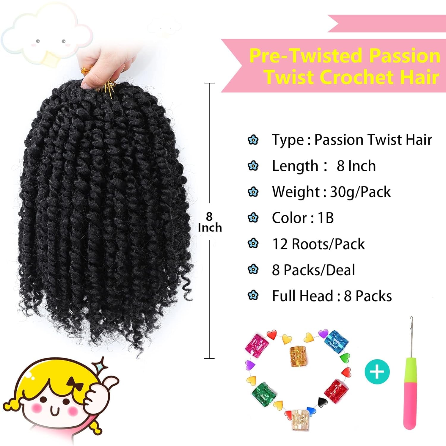 Passion Twist Hair 8 Inch, 8 Packs Passion Twist Crochet Hair for Black Women, Prelooped Crochet Twist Hair with Curly Ends (8Inch, 1B#)