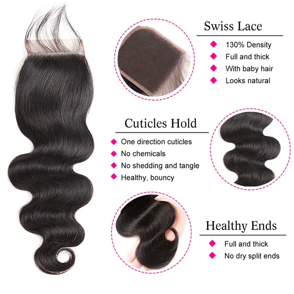 Body Wave Human Hair Bundles with Closure 100% Unprocessed Brazilian Virgin Human Hair 3 Bundles Body Wave with 4X4 Free Part Lace Closure Natural Black Hair Extension
