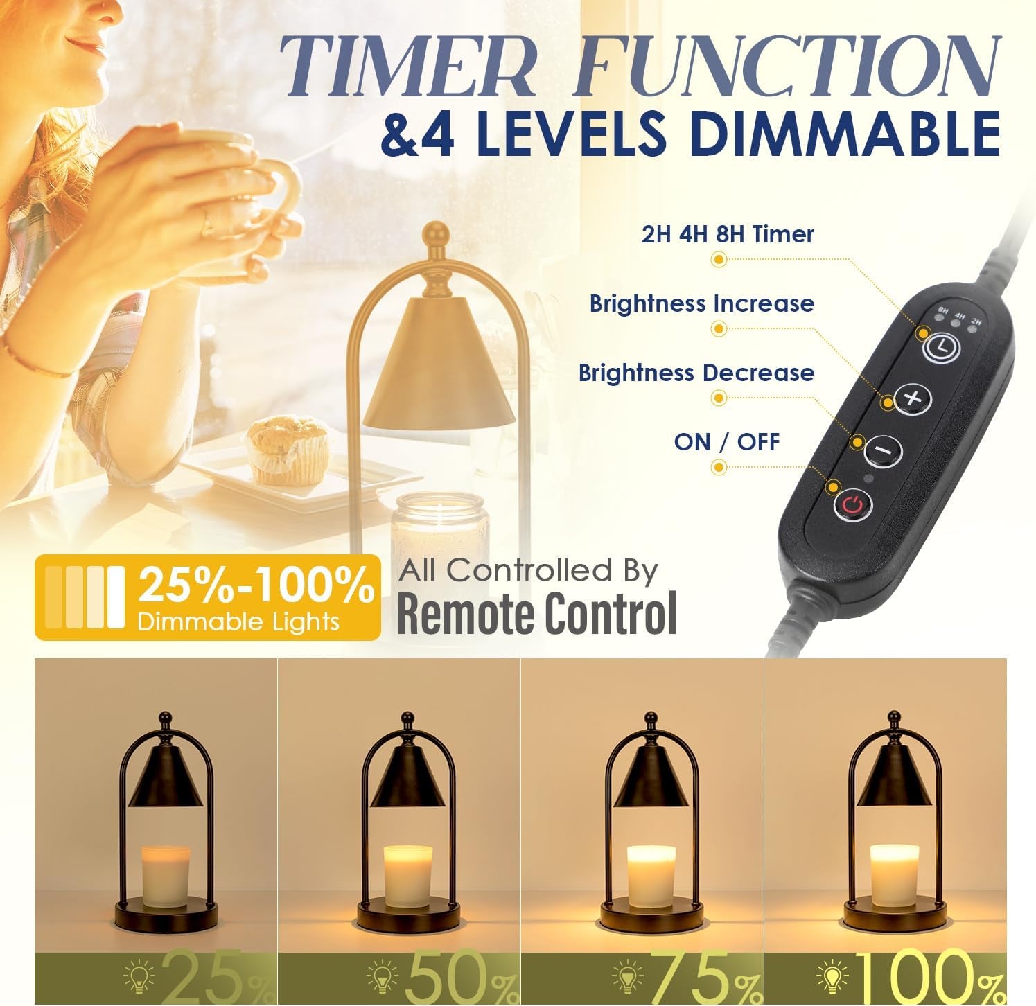 Candle Warmer Lamp with Timer, Electric Black Candle Warmer Light for Bedroom, Dimmable Wax Melts Warmer for Candle Jars, Home Decor beside Lamp Gifts for Women (2 Bulbs Included)