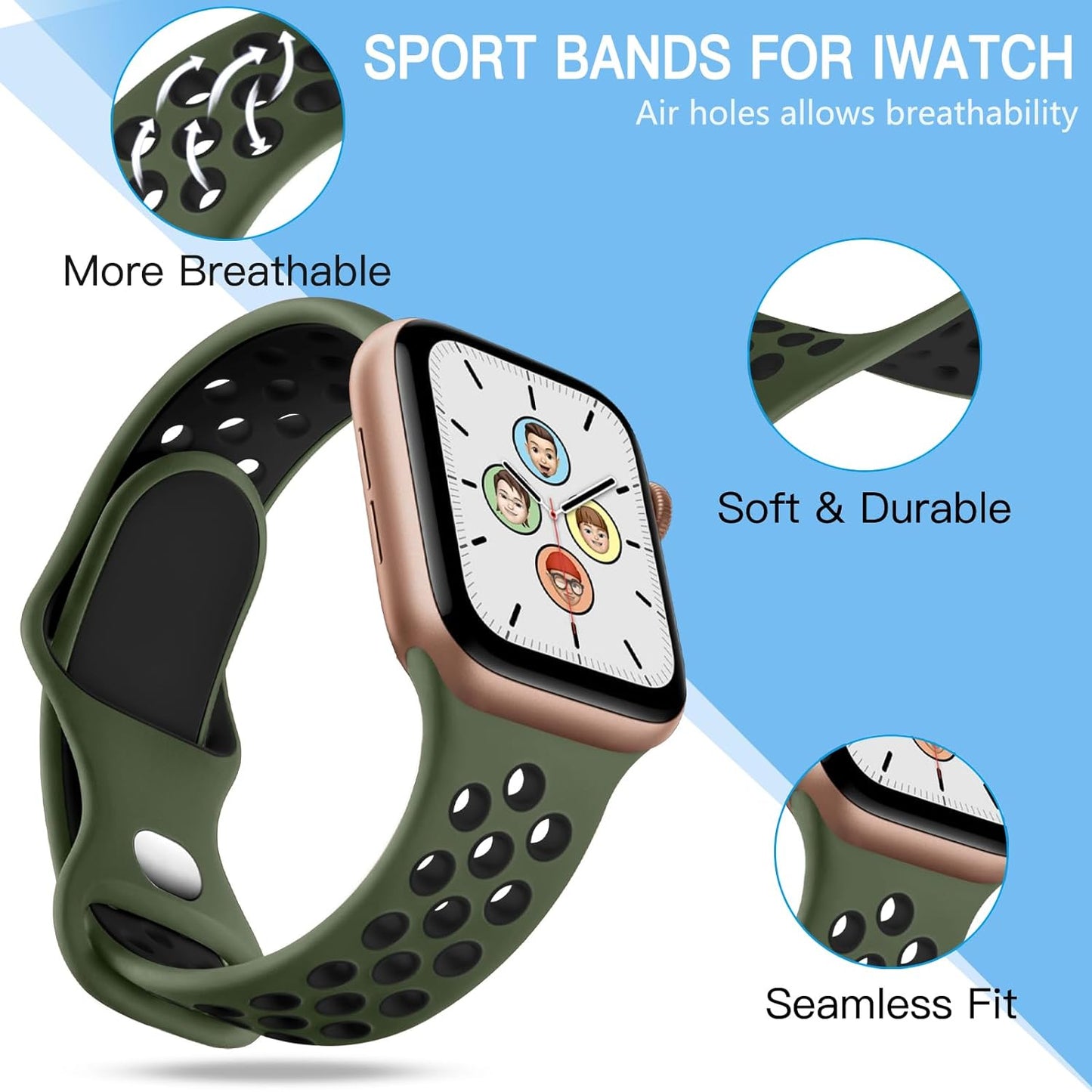 Compatible with Apple Watch Band 41Mm 40Mm 38Mm for Women Men, 4 Pack Silicone Sport Replacement Wristband for Iwatch SE Series 9 8 7 6 5 4 3 2 1, Anthracite/Darkblue/Armygreen/Olivegrey, S/M