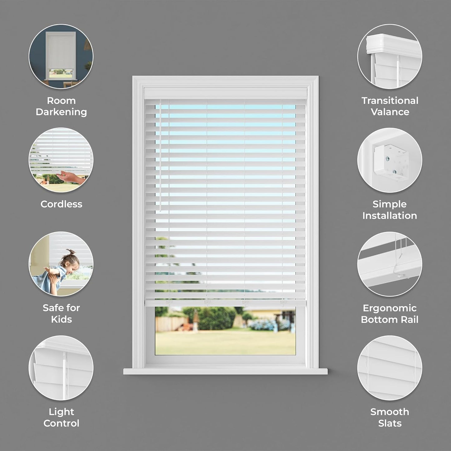 2.5 Inch Cordless Faux Wood Blind, 34" W X 60" L - White Plantation Style Venetian Blinds, over 400 Custom Sizes Starting at 29.97, Room Darkening Shades for Interior Windows by