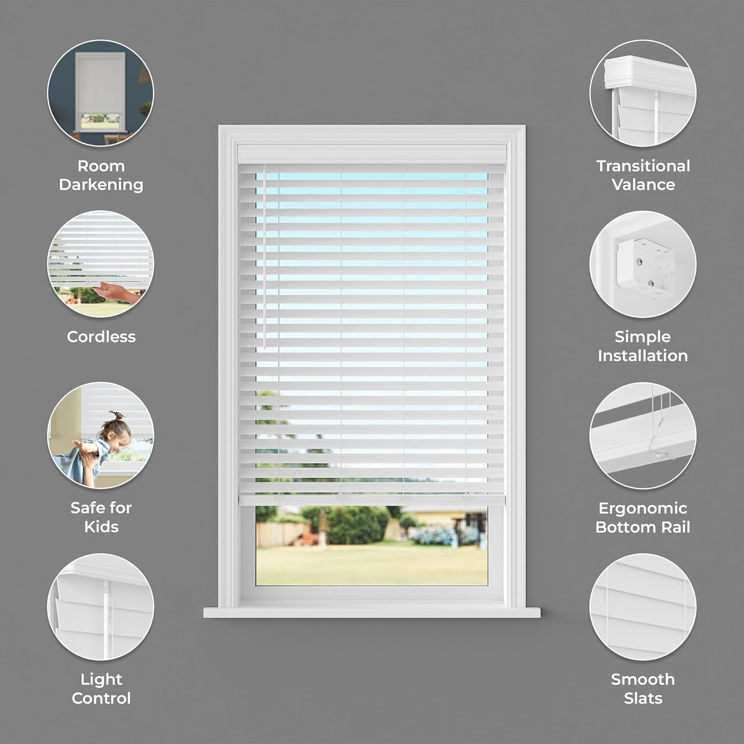 2.5 Inch Cordless Faux Wood Blind, 34" W X 60" L - White Plantation Style Venetian Blinds, over 400 Custom Sizes Starting at 29.97, Room Darkening Shades for Interior Windows by
