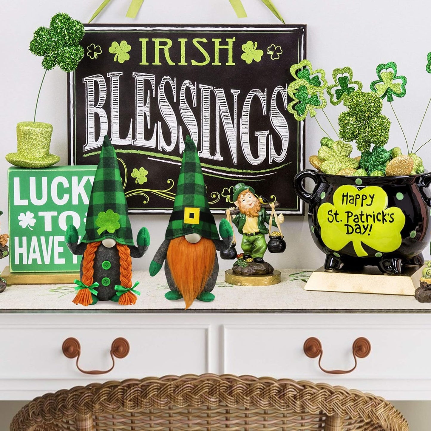 St.Patrick'S Day Gnome Plush Elf Decorations - Mr and Mrs Green Buffalo Check Plaid Handmake Scandinavian Tomte - Saint Patrick'S Day Irish Decorations, Home Table Ornament