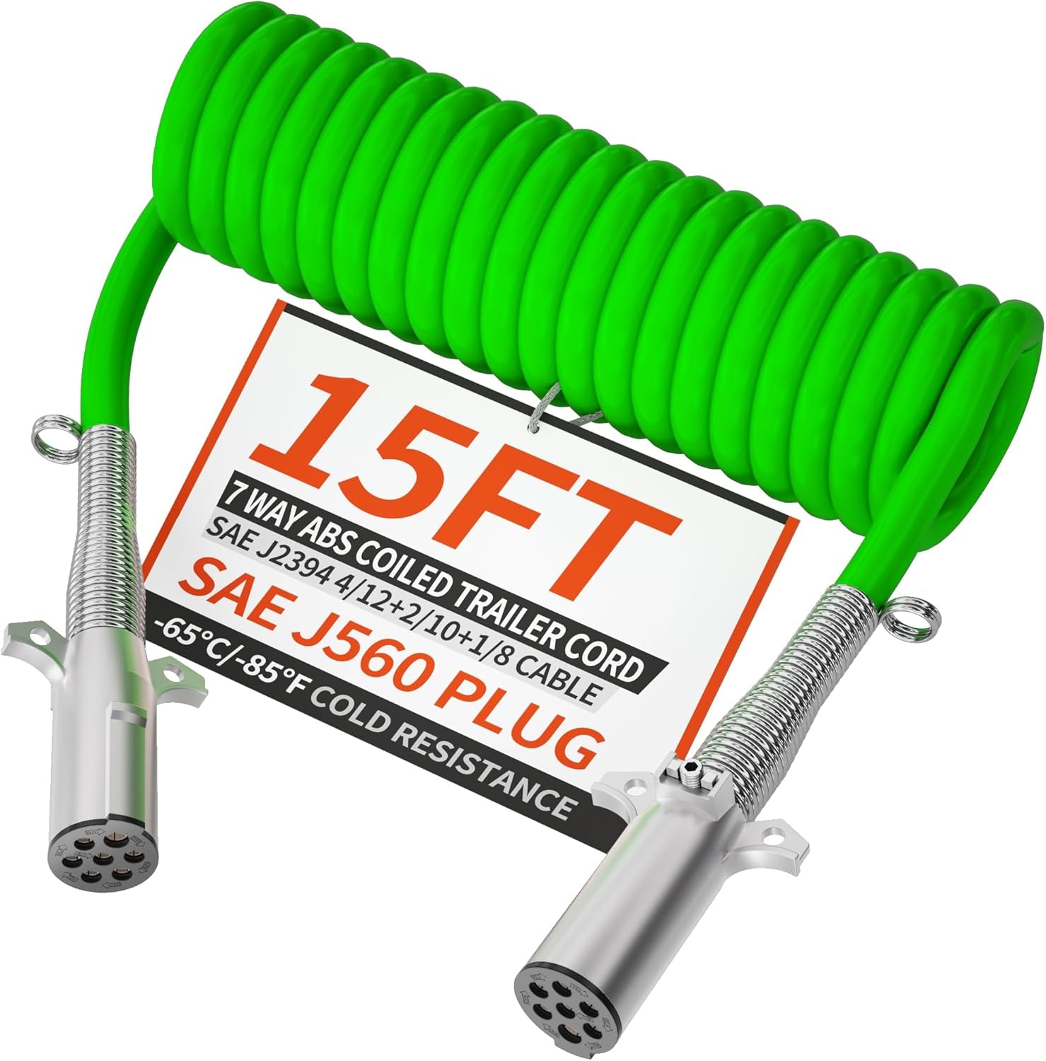 7 Way Coiled Trailer Cord 15 FT ABS Heavey Duty, Flexible -85°F Cold Resistance Electrical Power Cable Green for Semi Trailers Trucks Tractors, 4/12+2/10+1/8 Gauge Wire Cable TRUCK DRIVER