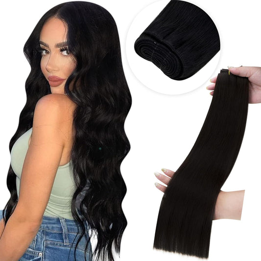 Sew in Hair Extensions Real Human Hair 120G 24 Inch Weft Hair Extensions Human Hair Jet Black Hair Extensions Sew in Weave Bundles Human Hair Double Weft Long Straight #1