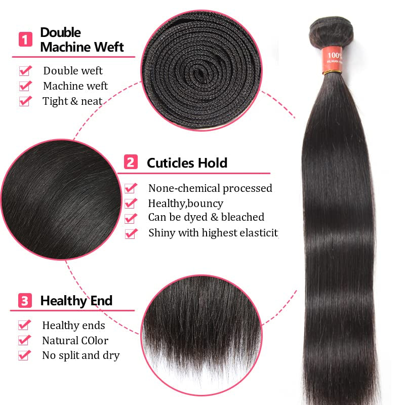 Straight Bundles 14 Inch 1 Bundle Human Hair 100% Unprocessed Brazilian Virgin Human Hair Extensions Double Weft No Split Bundle Natural Color Full and Thick(14 Inch)