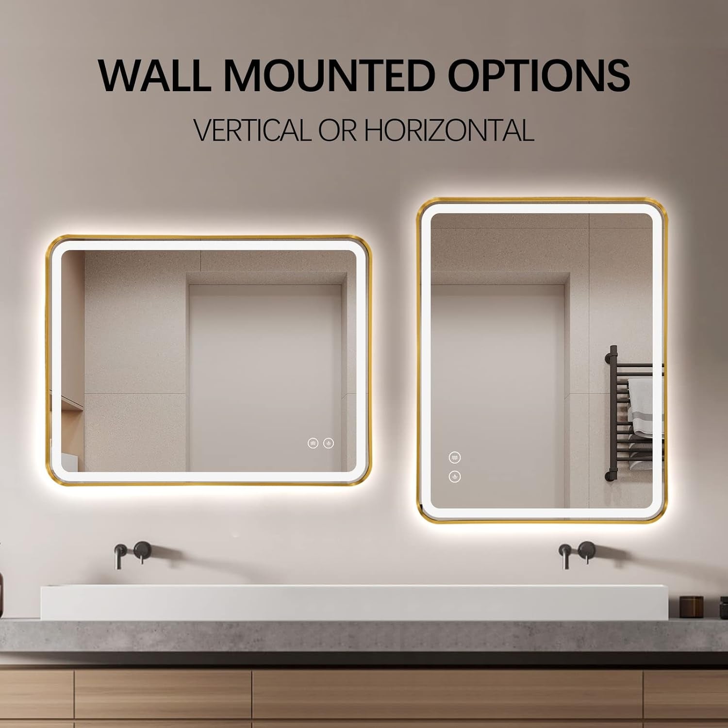 Rectangle LED Bathroom Mirror, 30"X22" Anti-Fog Double Touch Lighted Wall Vanity Mirror 45° Beveled Metal Frame Stepless Adjustable Color Temperature Smart Mirror 3000K-6000K, Gold
