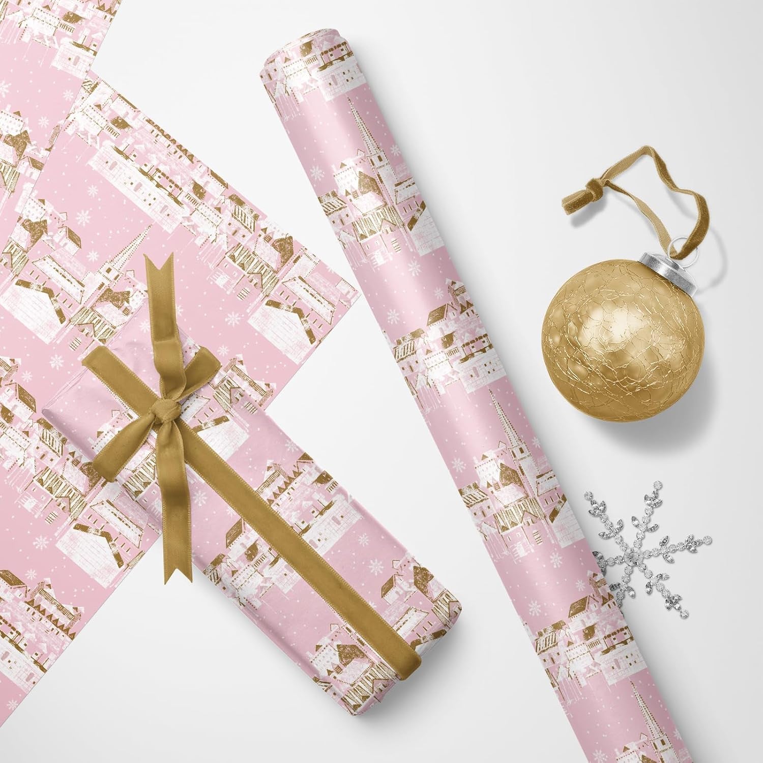 Christmas Wrapping Paper Roll - Pink & Golden City Snow Scenery for Christmas Holiday, Party - 17 Inches X 32.8 Feet (46.45 Sq.Ft.)