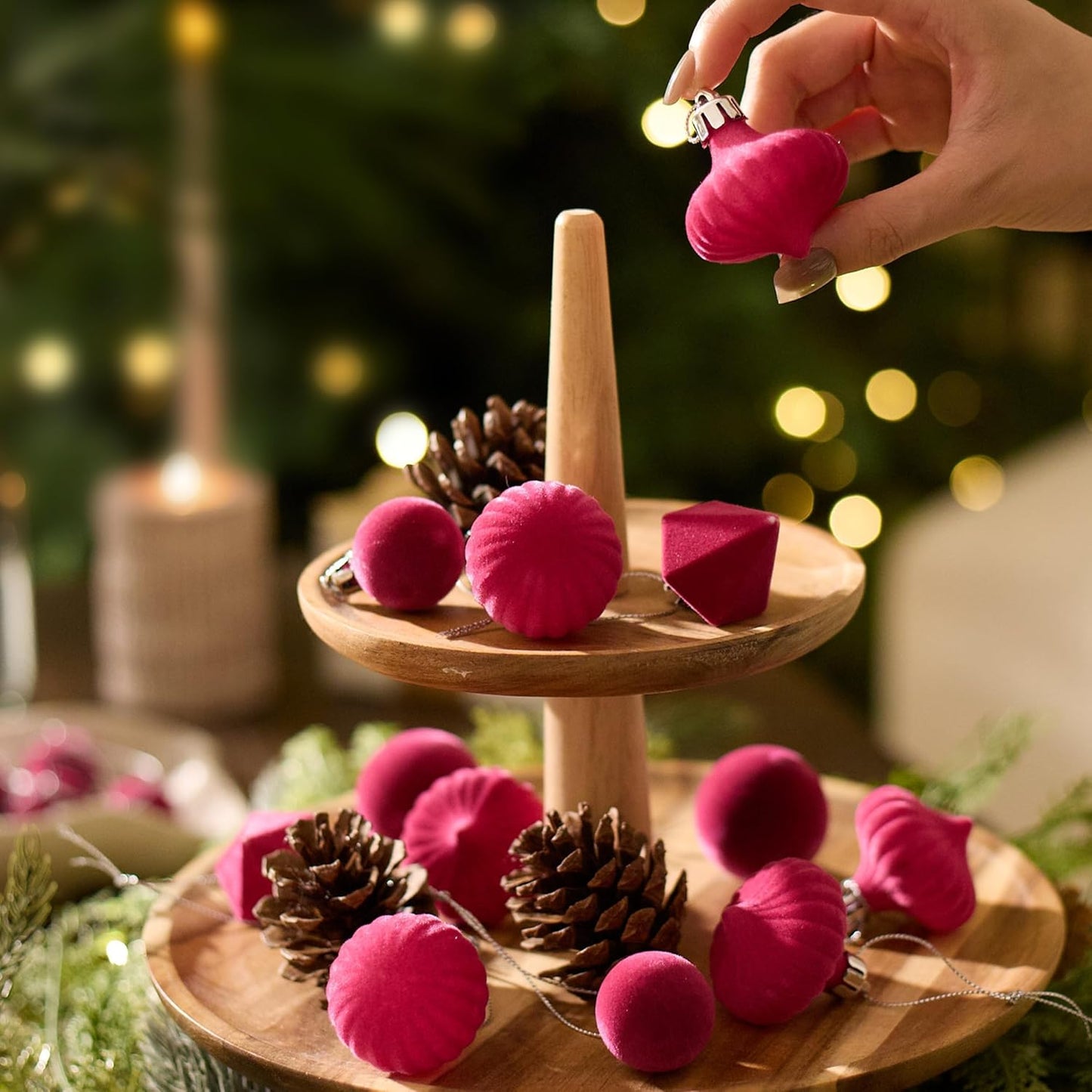 Mini Velvet Christmas Ornaments, 24Ct Hot Pink Small Velvet Ornaments for Christmas Tree, Shatterproof Flocked Christmas Tree Ornaments Decorations for Home, New Year, Valentines Day