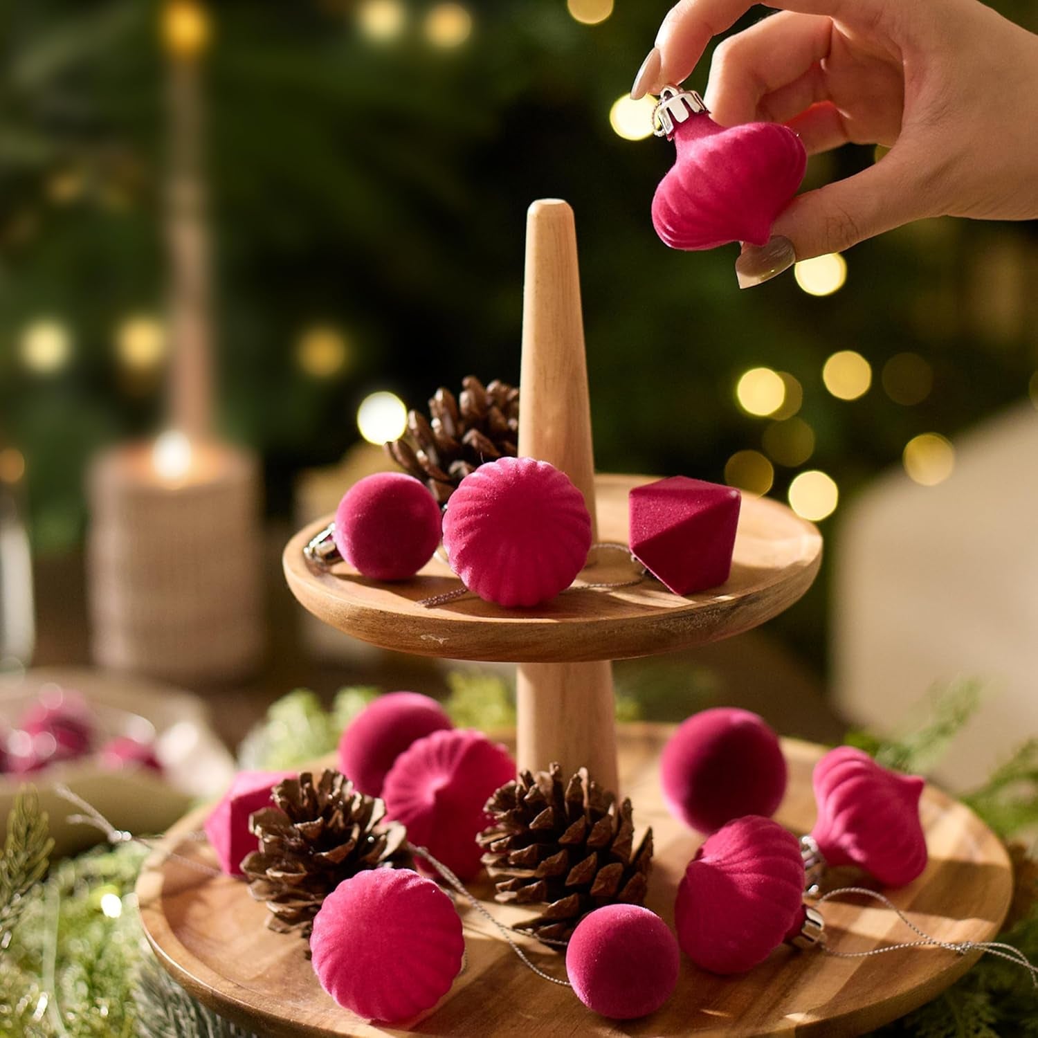 Mini Velvet Christmas Ornaments, 24Ct Hot Pink Small Velvet Ornaments for Christmas Tree, Shatterproof Flocked Christmas Tree Ornaments Decorations for Home, New Year, Valentines Day
