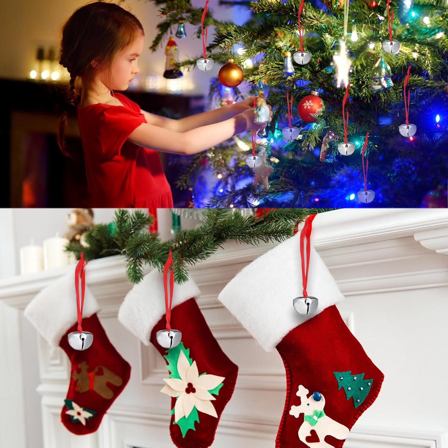 4 Set Santa Christmas Sleigh Bell Set Includes Believe Bell,Christmas Boxes,Ticket,Tags Ornament Christmas Sleigh Bell with Red Ribbon Red Velvet Bag Christmas Tree Home Gift Decoration Holiday