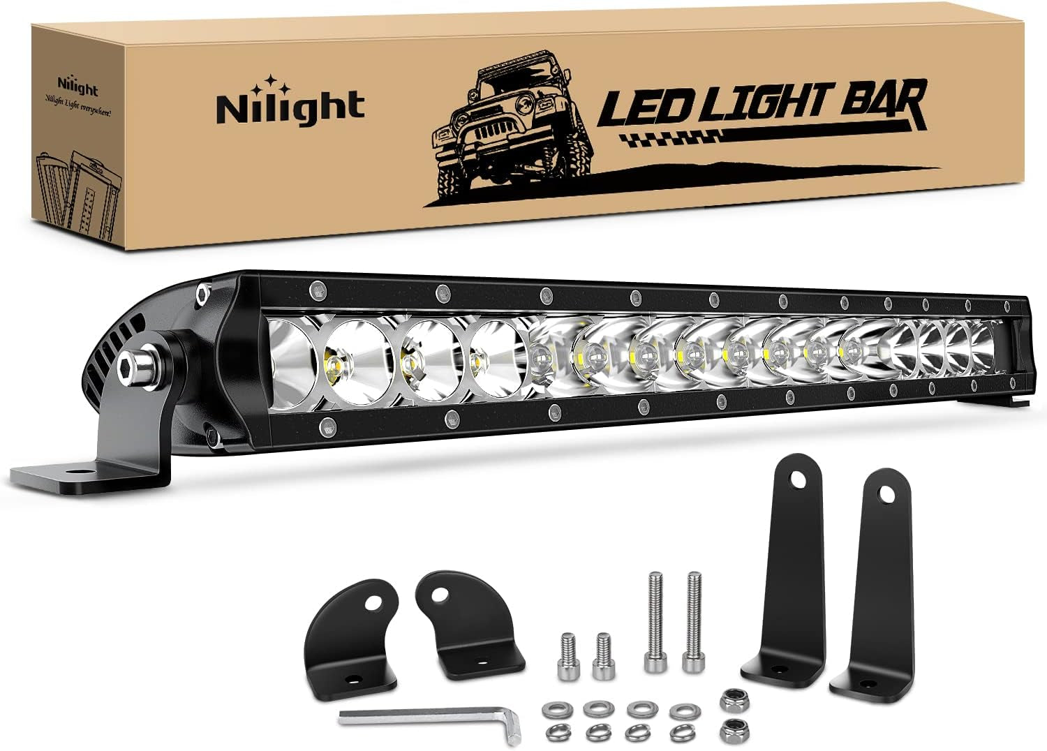 - NI04-100W 17" 80W LED Work Light Single Row Spot Flood Combo LED Light Bar Driving Lights Offroad Lighting - 2 Style Mounting Brackets,2 Years Warranty