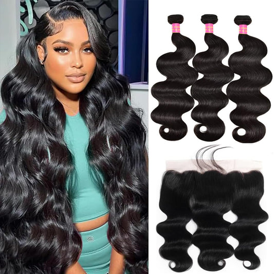 10A Body Wave 3 Bundles with Frontal Human Hair Bundles with Lace Frontal (18 20 22+16, Natural Black) Brazilian Body Wave Hair Virgin Hair Ear to Ear 13X4 Frontal Natural Black