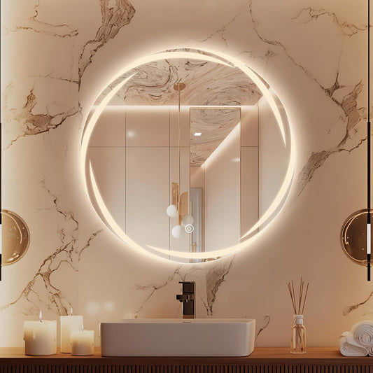 24" round LED Mirror for Bathroom with Front Light and Backlit, Stepless Dimmable Vanity Mirror with Lights, Frameless anti Fog Smart Mirror Wall Mounted, IP65 Waterproof, Shatter-Proof