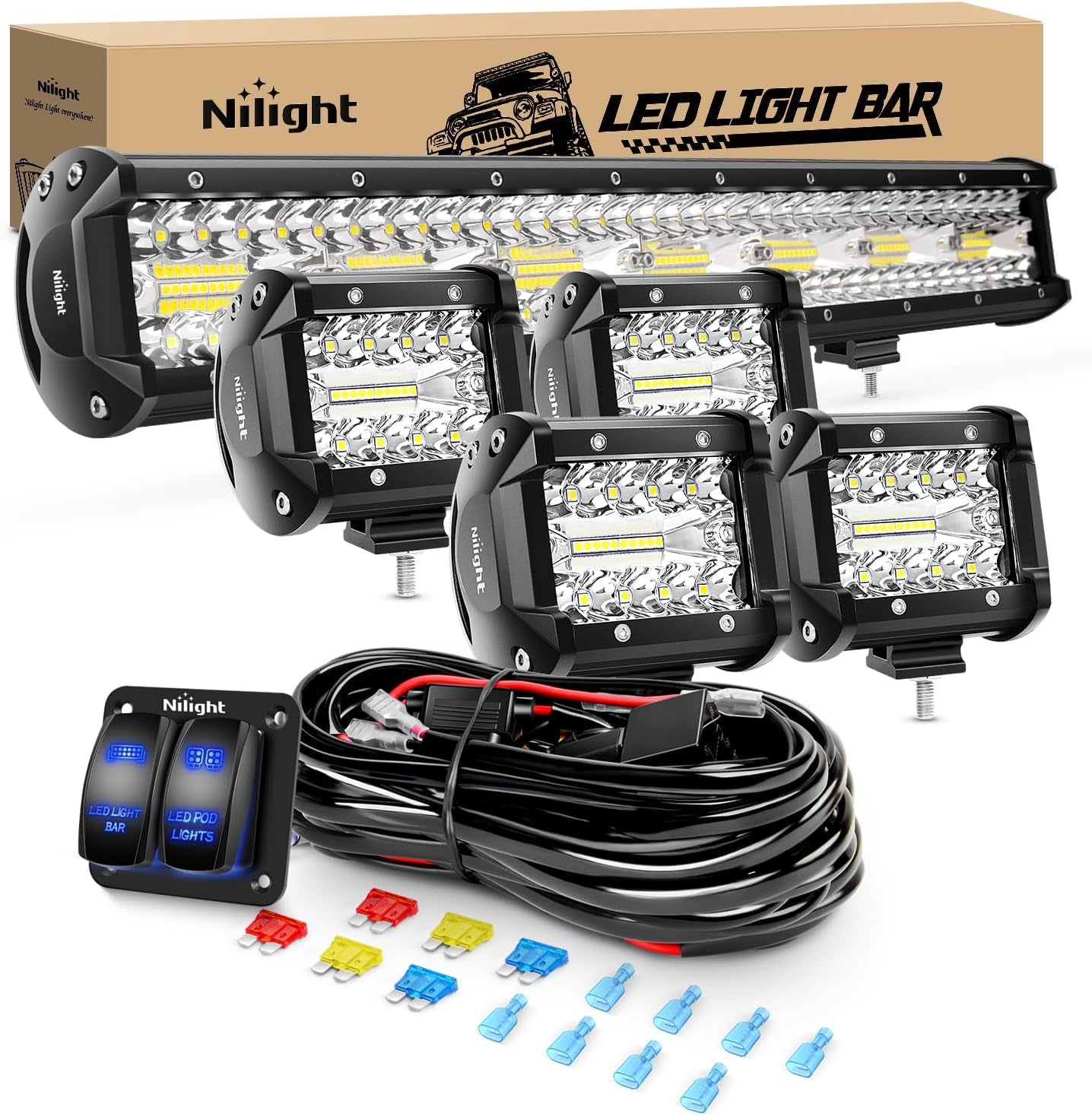 20Inch 420W Triple Row Spot Flood Combo Led Light Bar Work Driving Lamp 2Pcs 4Inch 60W Cube LED Pods Lights for Trucks with Off-Road Wiring Harness Kit-3 Leads