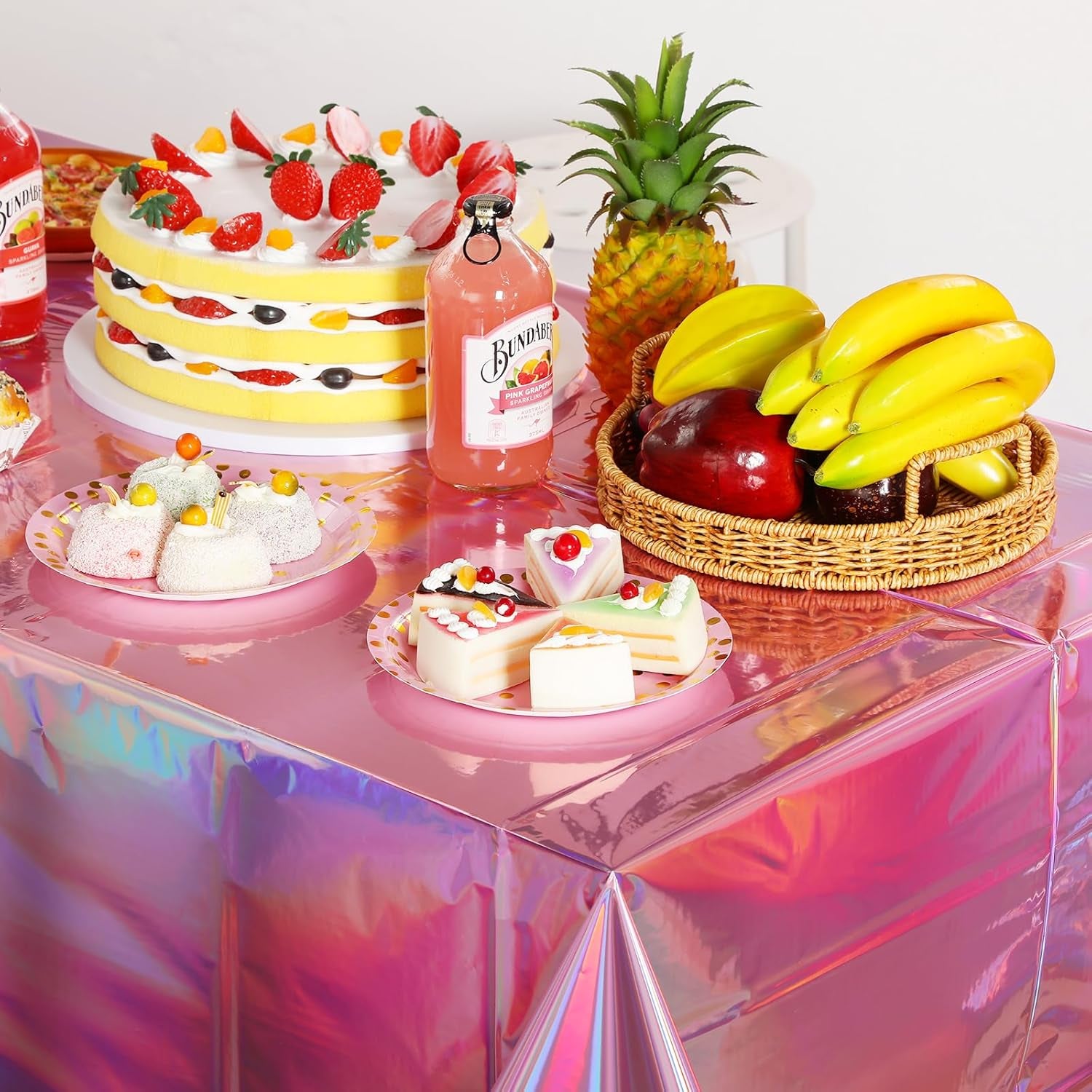 8 Pack Iridescent Pink Plastic Tablecloths,  Shiny Disposable Laser Rectangle Table Covers, Holographic Foil Tablecloth Iridescent Party Decorations for Birthday Wedding Christmas, 54X108Inch