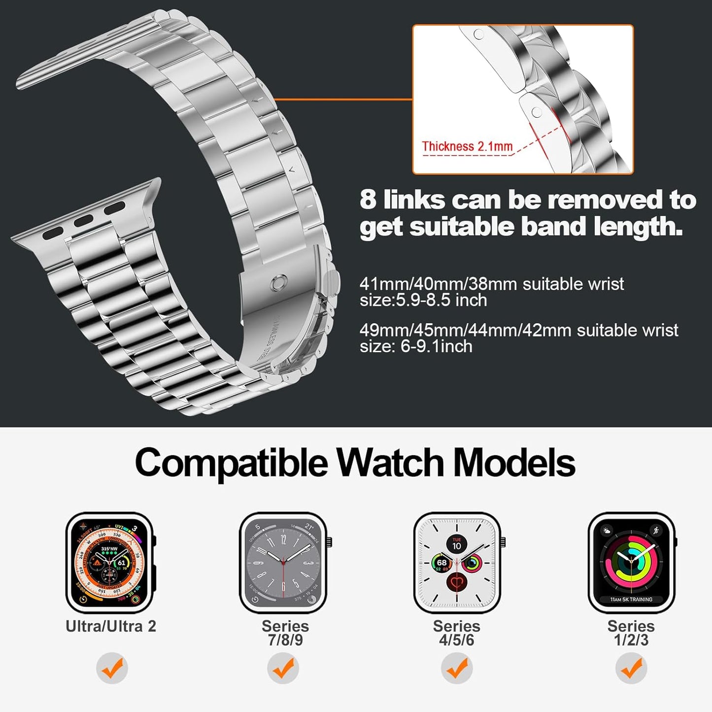 Compatible with Apple Watch Band 45Mm 44Mm 49Mm, Upgraded Stainless Steel Replacement Original Iwatch Bands for Series 9 Ultra 8 7 6 5 4 3 2 1 Women Men,Bright Silver