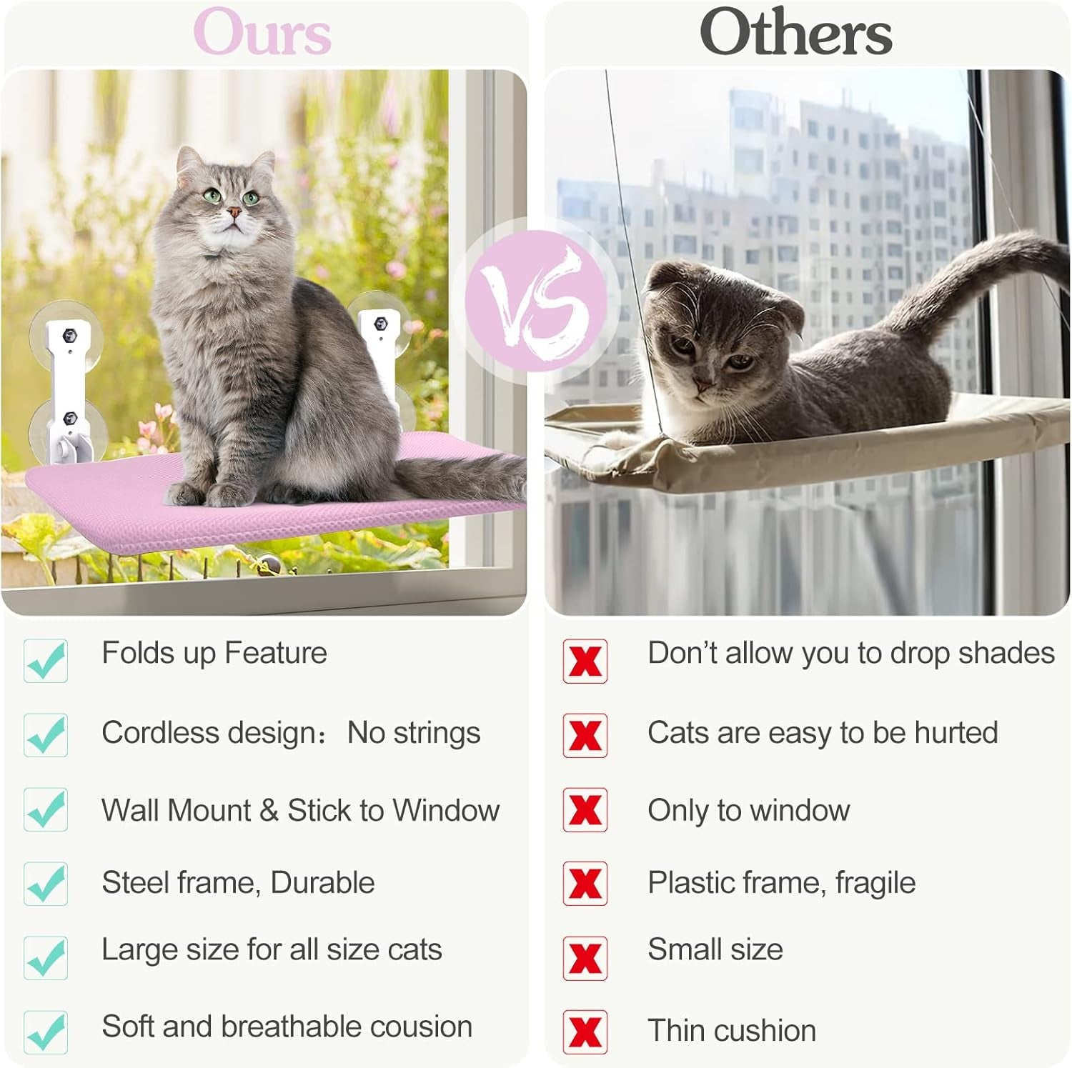 Foldable Cat Window Perch, Cordless Cat Window Hammock Cat Window Bed for Indoor Cats Inside, Large Cats Window Seat Window Sill Cat Perch, Strong Suction Cup & Sturdy Metal Frame & Breathable Mat