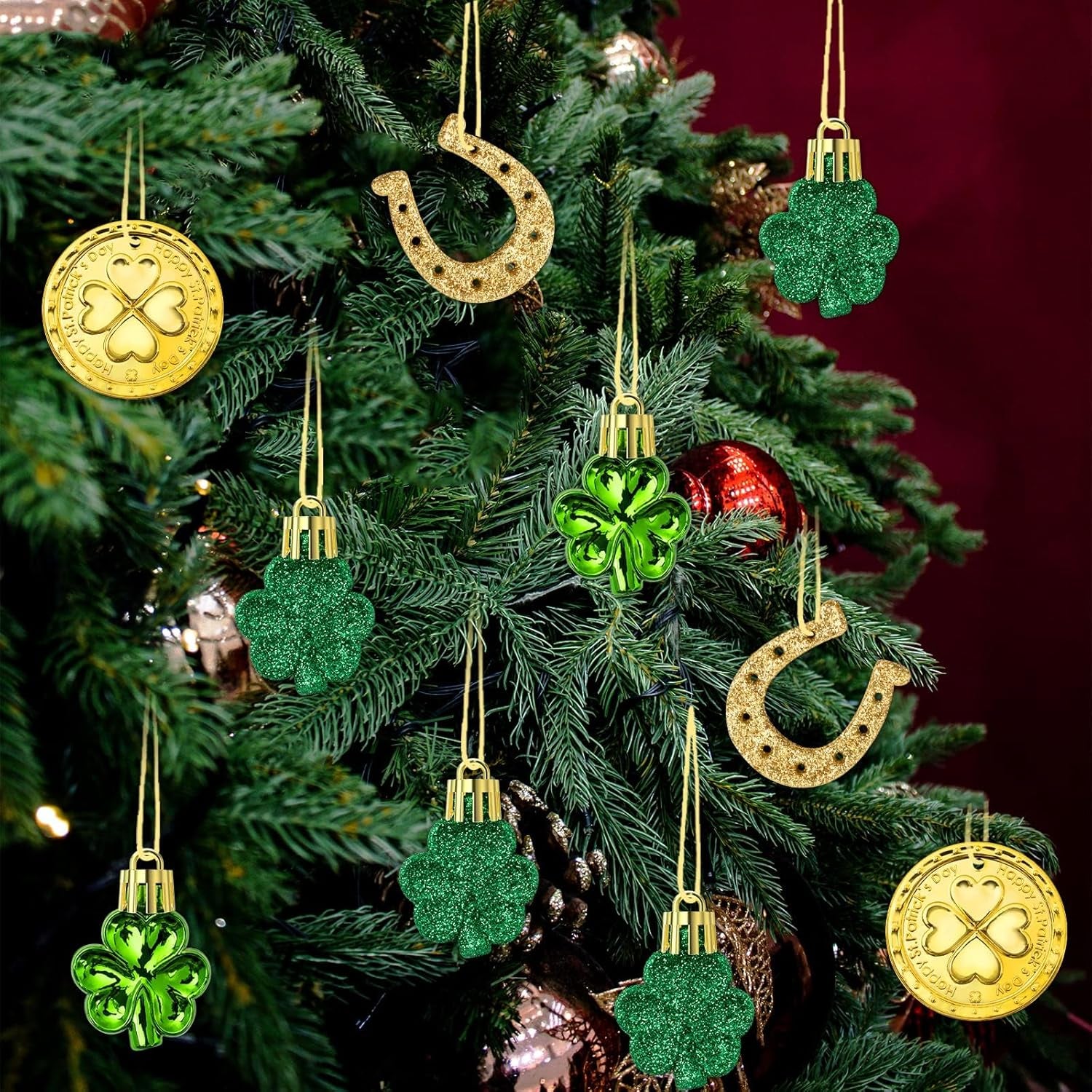 St. Patricks Day Decorations Shamrock Ornaments - 48Pcs Shamrock Clover Gold Coins Horseshoe Tree Ornaments for Spring Lucky Irish Day St Patrick'S Day Home Table Tree Party Hanging Decorations