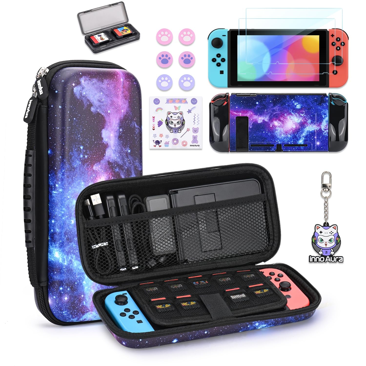 Switch Case for NS Switch, Innoaura 17 in 1 Switch Accessories Bundles with Switch Carrying Case, Switch Game Case, Switch Protective Case, Switch Screen Protector, Switch Thumb Caps (Mermaid Pink)