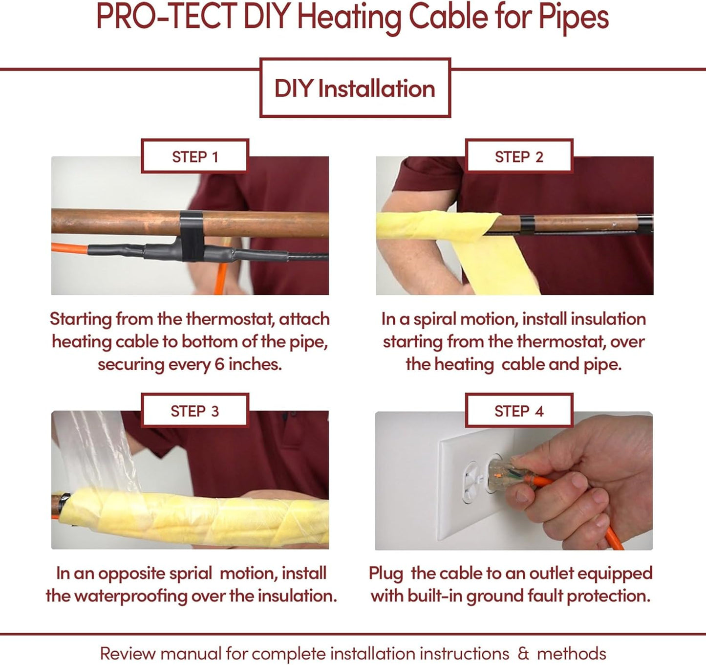 Pro-Tect 3 Ft. Electric Heat Tape for Water Pipes with Thermostat - Plug-In Pipe Heating Cable for Freeze Protection, 7 W/Ft, 120V