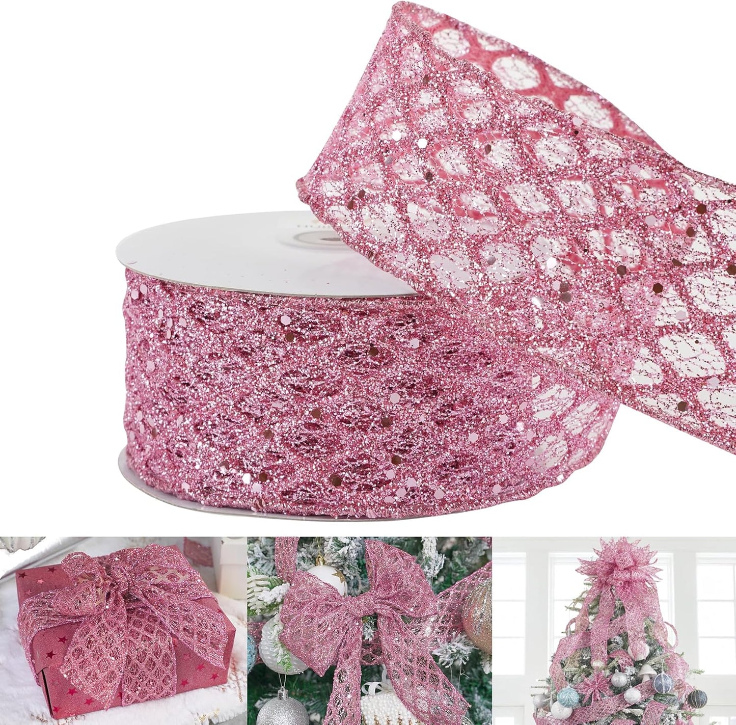 Pink Wired Ribbon 2.5 Inch Light Pink Christmas Ribbon Glitter Diamond Wire Ribbon for Christmas Tree, Large Bows Making, Wreaths, Garland, Gift Wrapping, Home Decor -10 Yards
