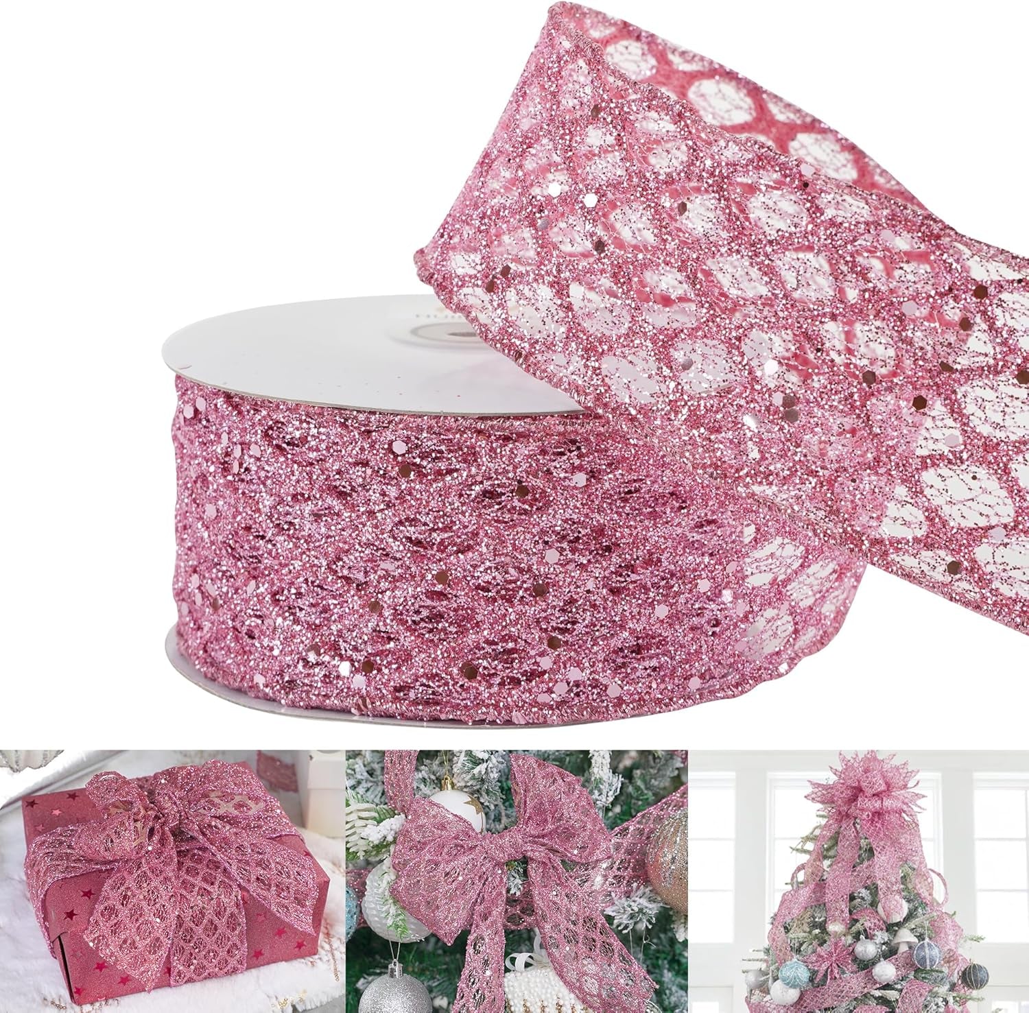 Pink Wired Ribbon 2.5 Inch Light Pink Christmas Ribbon Glitter Diamond Wire Ribbon for Christmas Tree, Large Bows Making, Wreaths, Garland, Gift Wrapping, Home Decor -10 Yards