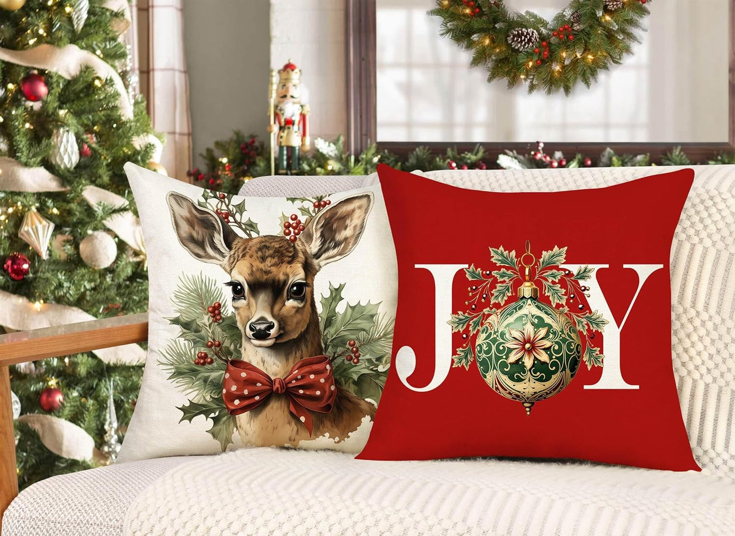 Christmas Pillow Covers 18X18 Set of 4 Red White Farmhouse Xmas Decorations Snowman Deer Joy Winter Holiday Decor Throw Cushion Case for Home Couch S24C04