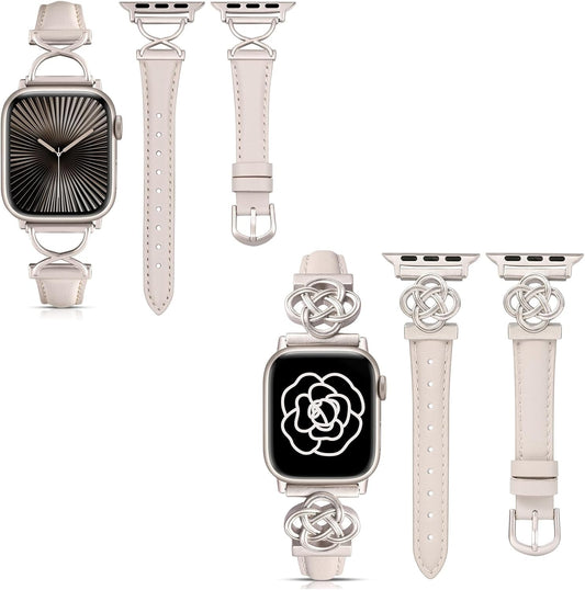 2 Packs Leather Band Compatible with Apple Watch Band Women 38/40/41/42/44/45/46/49Mm, Dressy Fancy Leather Strap for Iwatch Bands Series 10 9 8 7 6 5 4 3 2 1 SE Ultra