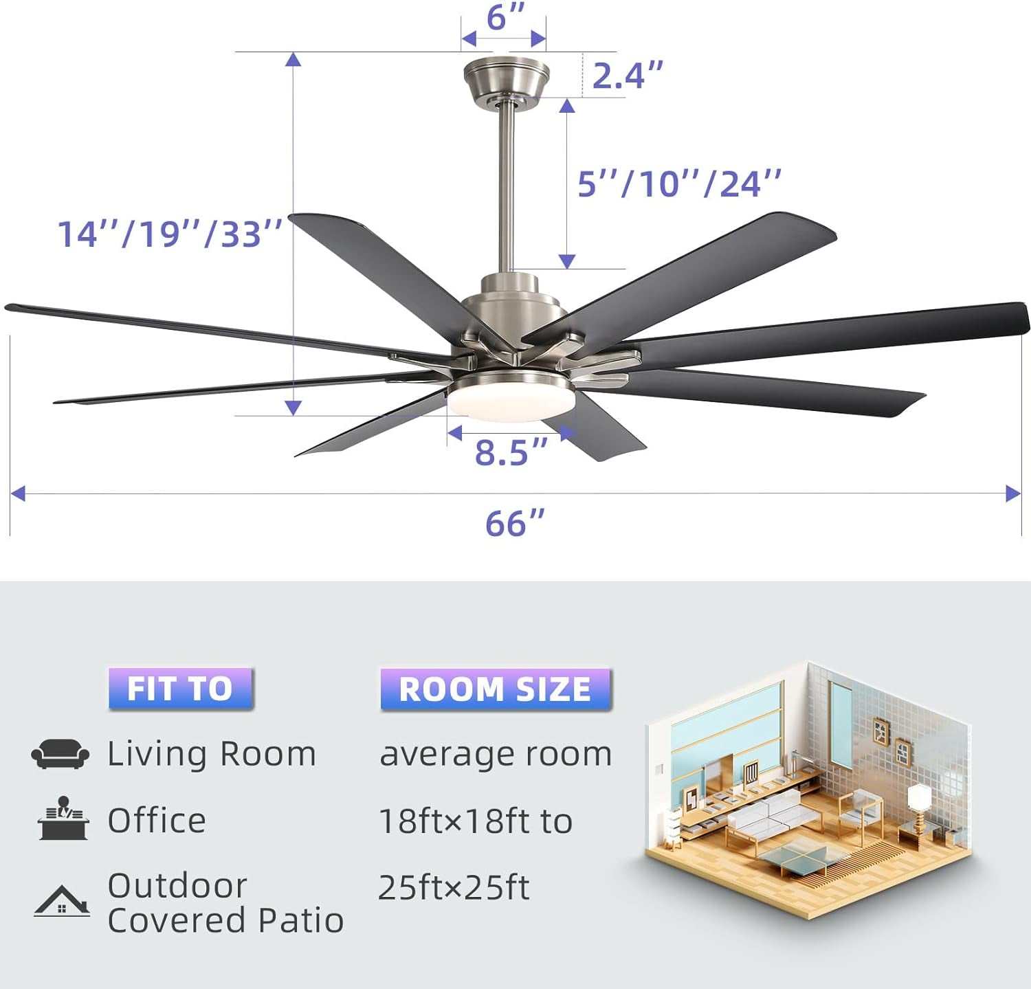 66 Inch Black Ceiling Fans with Lights and Remote, Indoor Outdoor Mordern Smart Ceiling Fan with Reversible Quiet DC Motor, 6 Speed, 8 Blades for Living Room Bedroom Patios Balcony