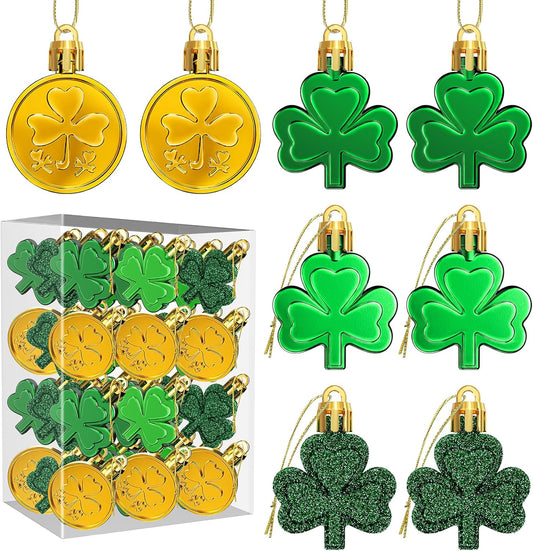 36 Pcs St Patricks Day Shamrock Ornaments for Tree, Irish Green Mini Ornament Hanging Clover Baubles Trefoil Good Lucky Decorations for the Home, St. Patrick'S Day Party Favors Table Decor