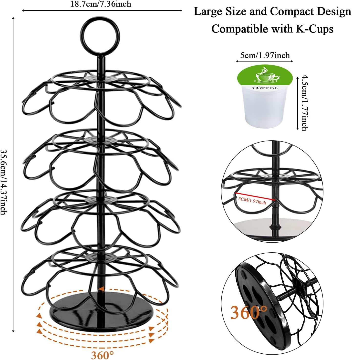Coffee Pod Holder, Storage Compatible with K-Cups(36 Pods), Kitchen Detachable Organizer for Countertop, Spins 360-Degrees Carousel