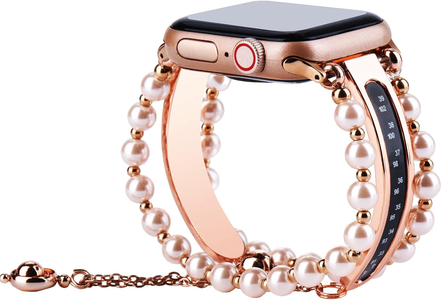 Beads Pearl Apple Watch Band Compatible for Iwatch Ultra Series SE 8 7 6 5 4 3 Jewelry Bracelet Watch Band with Thermometer Pendant Charm (38Mm/40Mm/41Mm, Rose Gold)