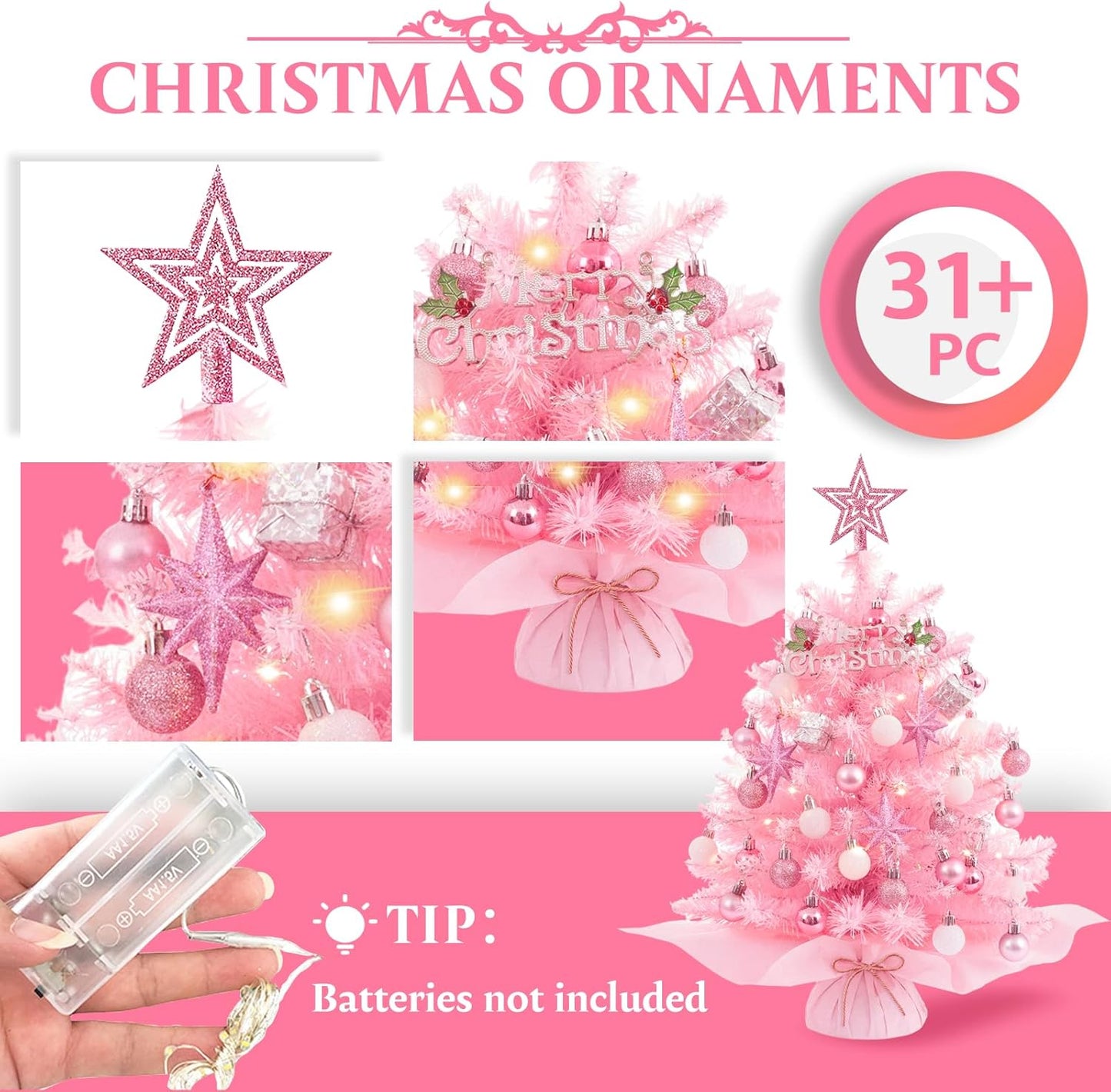 Mini Christmas Tree Christmas Pink Tree Artificial Christmas Tree Small Christmas Tree Holiday Tabletop Christmas Tree Holiday Decoration for Home, Office, Party