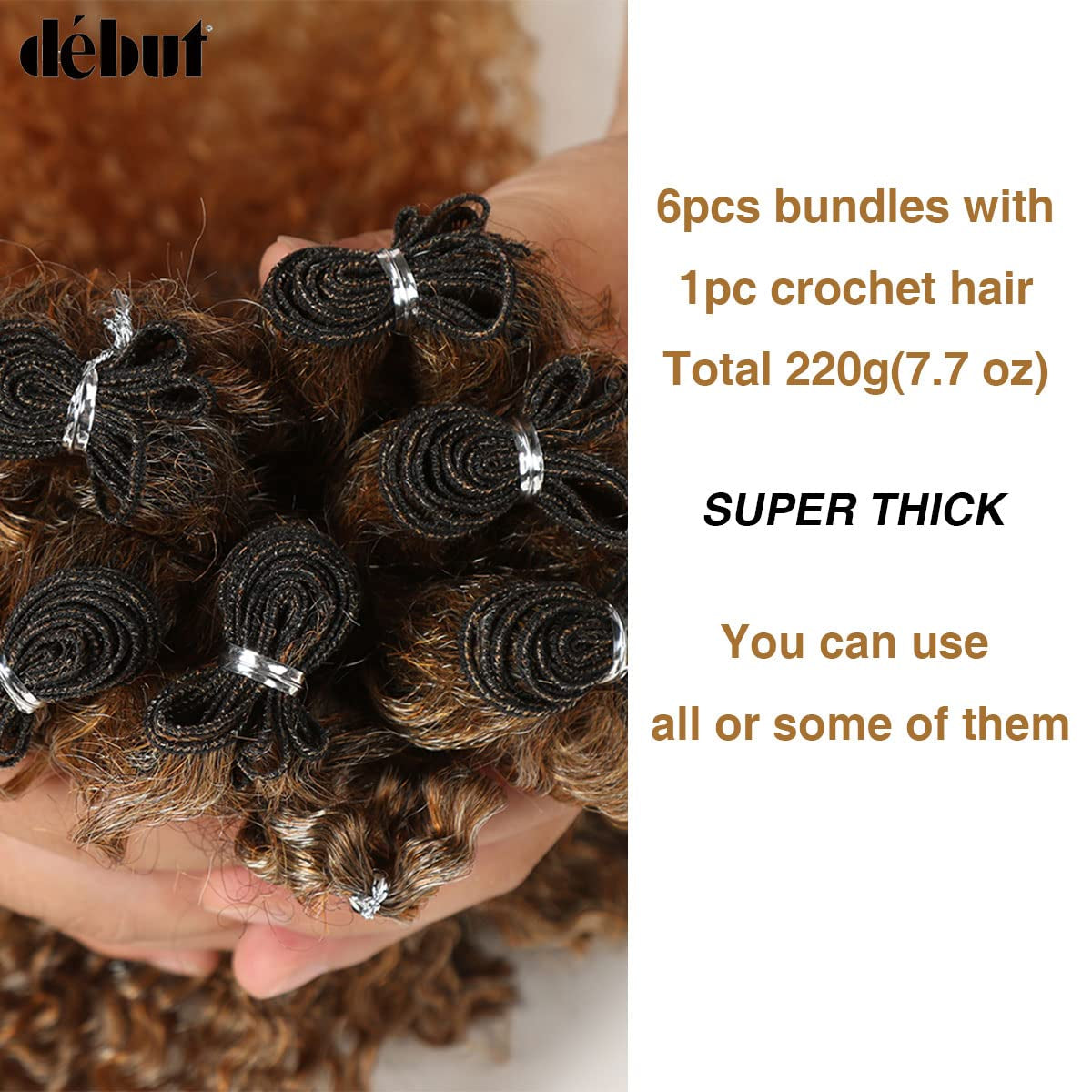 Synthetic Hair Kinky Curly 6 Bundles Weave with 1Pc Crochet Hair Total 7Pcs Tight Curly 22 24 26 Inches Omber Brown Orange 2 Tones Color