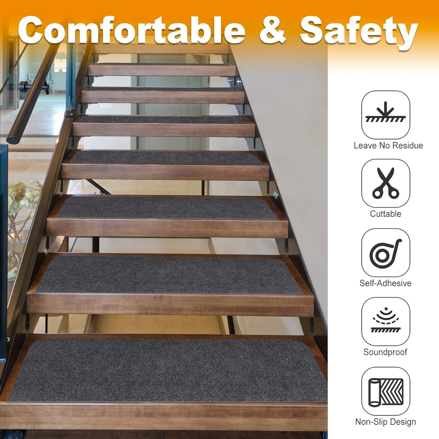 8X30In 15PCS Non-Slip Stair Treads Carpet, Self-Adhesive Stair Treads for Wooden Steps, Indoor Safety Staircase Step Treads, anti Slip Stair Runner Mats for Elders, Kids and Dogs (Dark Grey)