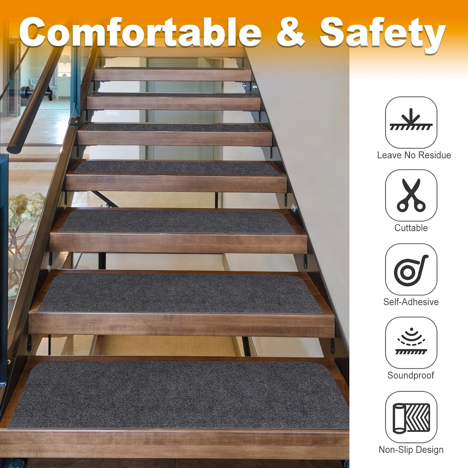 8X30In 15PCS Non-Slip Stair Treads Carpet, Self-Adhesive Stair Treads for Wooden Steps, Indoor Safety Staircase Step Treads, anti Slip Stair Runner Mats for Elders, Kids and Dogs (Dark Grey)