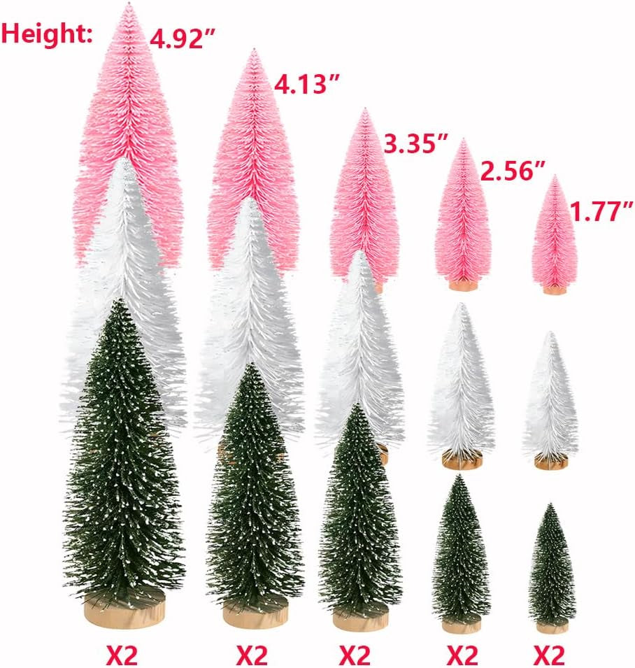 Artificial Mini Christmas Trees, 30 Pcs Sisal Snow Pines in 5 Sizes, Crafting Displaying Decoration, Tabletop Xmas Tree for Home, Party (Pink/White/Green)