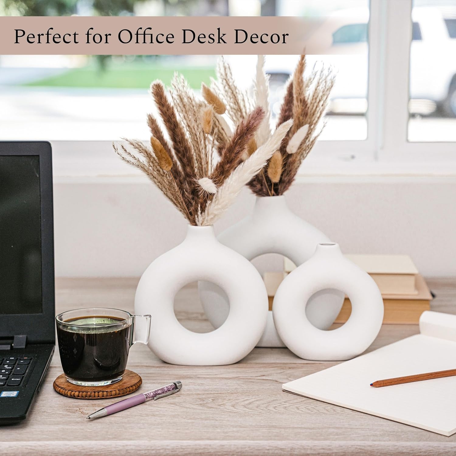 Set of 3 White Ceramic Vase with 65 PCS Dried Pampas Grass Flowers Aesthetic Boho Modern Small round Cute Vases for Decor Living Room Coffee Table Shelf Bedroom Office Desk Home Gifts Women Mom